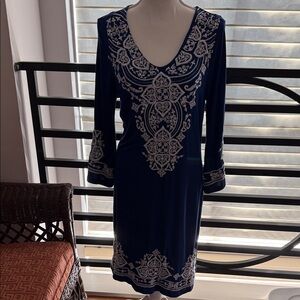 Chelsea & Theodore Royal Blue Midi Dress with White Embroidery